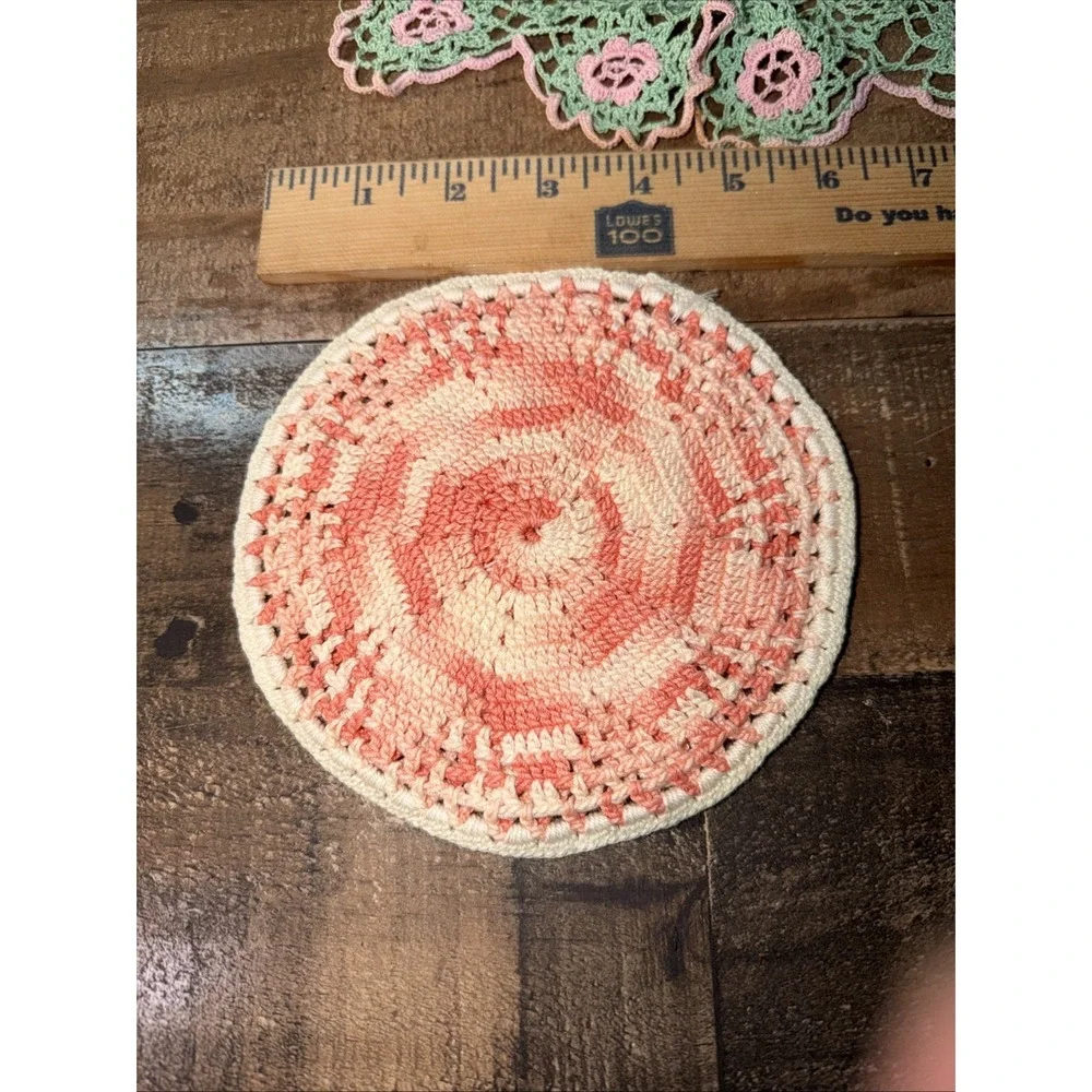 Vintage Handmade Crochet Doilies Lot Set of 3 Pink Green Purple Boho Table Decor